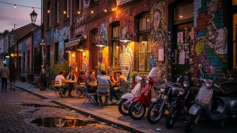 Bohemian neighborhood street with murals and evening atmosphere