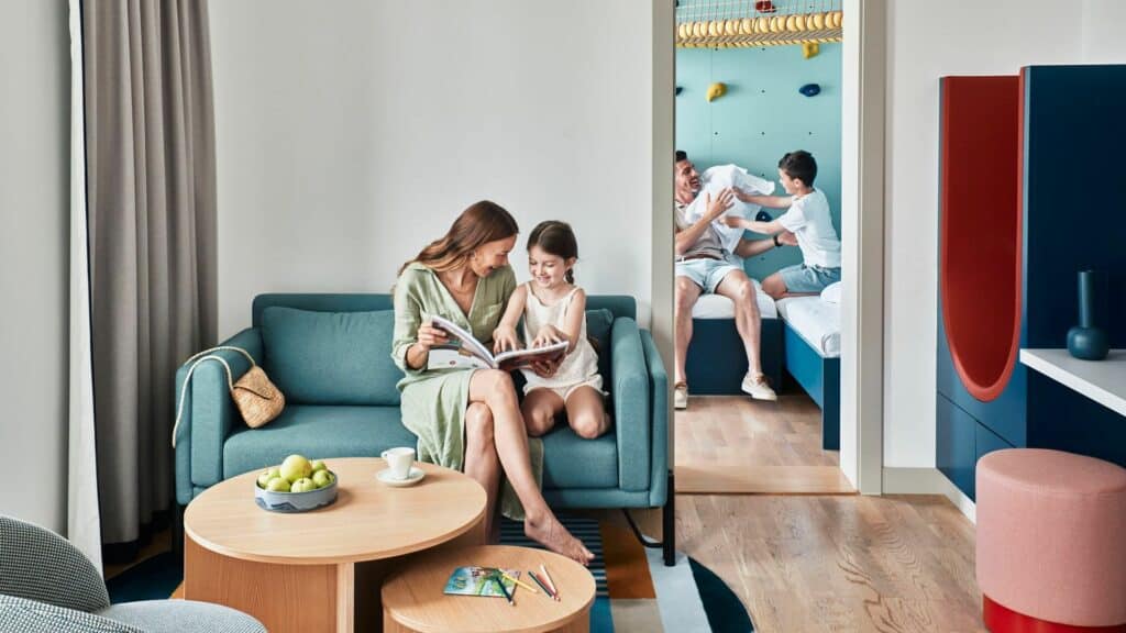 Bright family hotel room with bunk beds