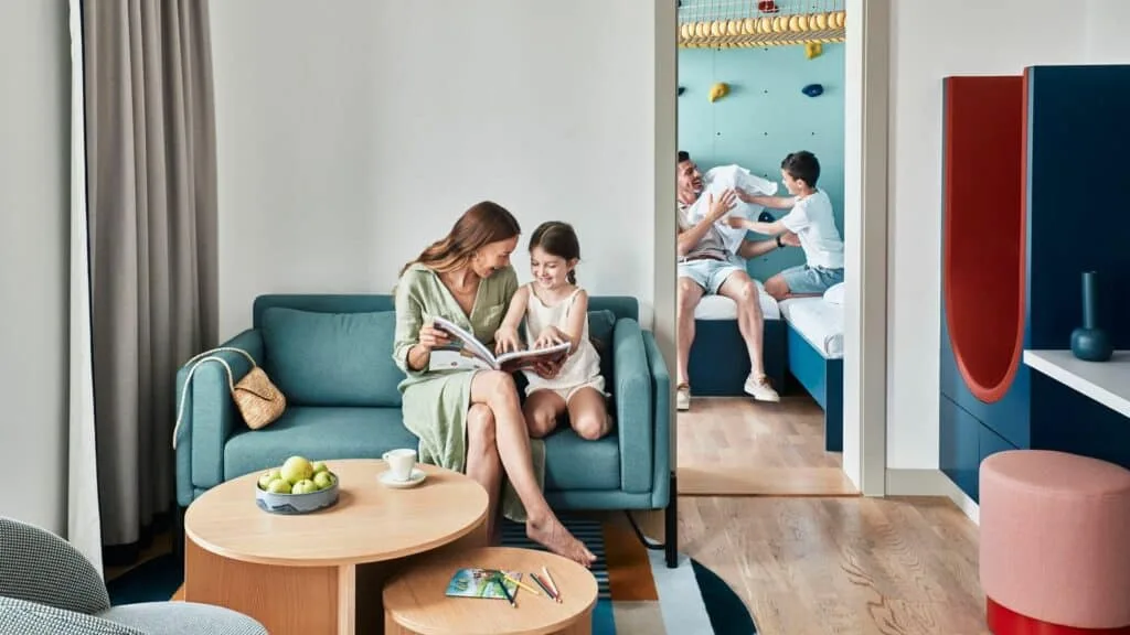 Bright family hotel room with bunk beds
