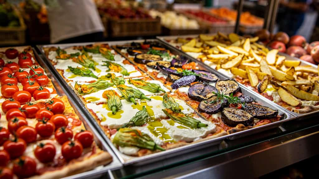 Colorful pizza al taglio slices in market display
