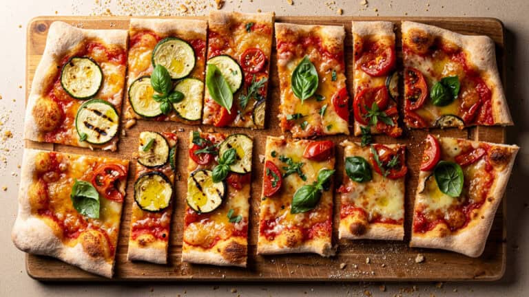 Colorful pizza al taglio with seasonal vegetables