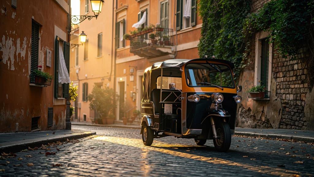 Electric tuk tuk on historic Roman cobblestone street