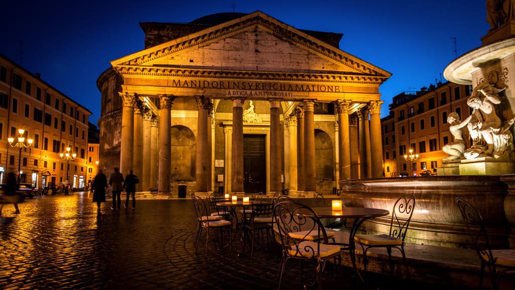 Pantheon illuminated at night in Piazza della Rotonda