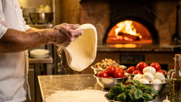 Pizza chef hand stretching fresh dough near wood oven