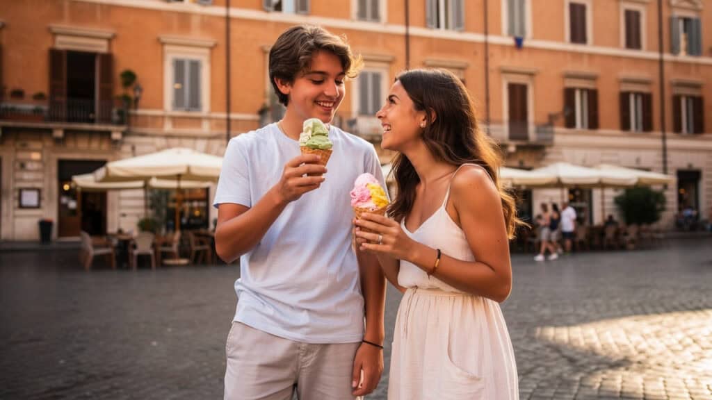 Teenagers enjoying authentic gelato in Rome