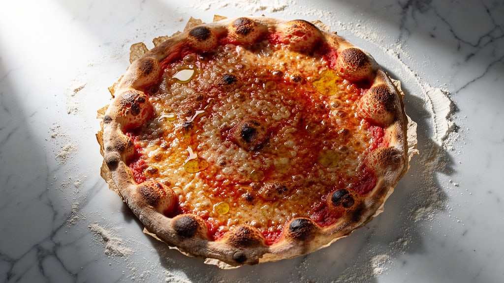 Thin crispy Roman style pizza with charred edges