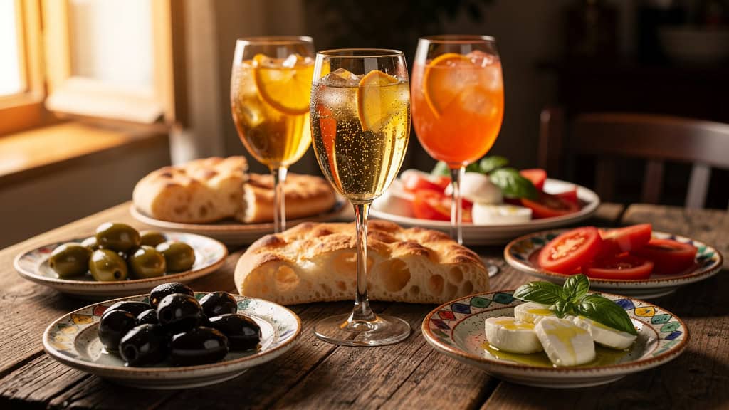 Traditional Roman aperitivo spread with wine and antipasti