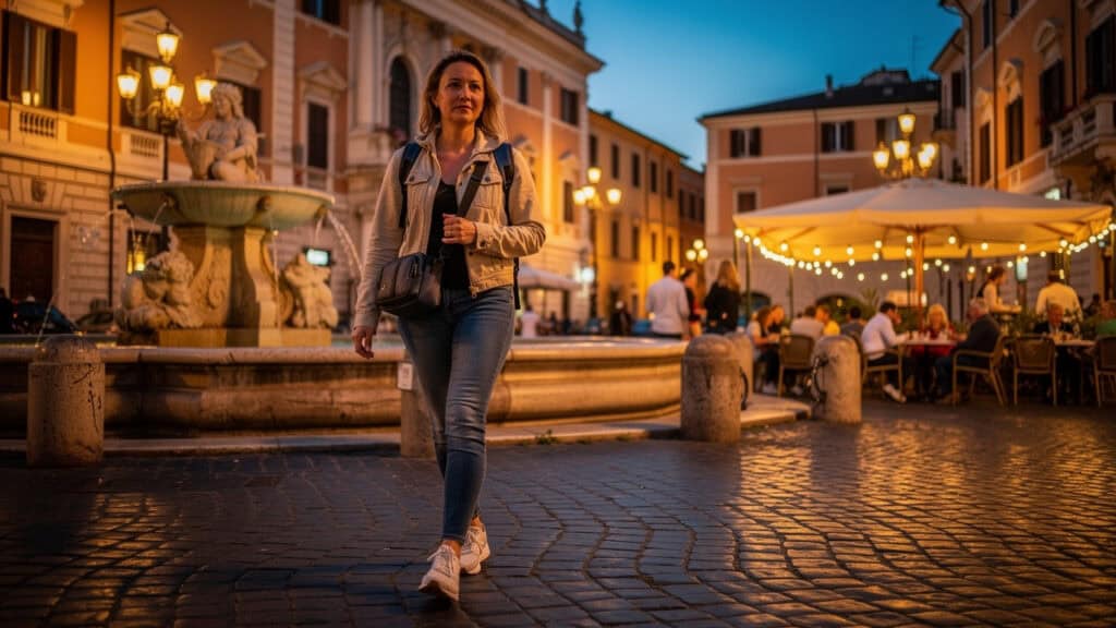 Traveler walking safely through illuminated Rome piazza at night