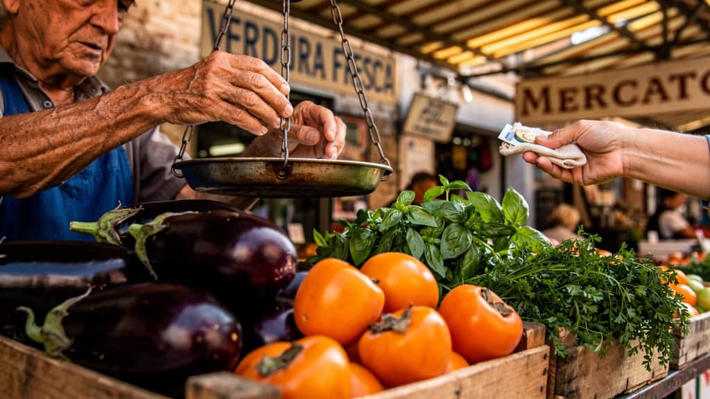 Vendor weighing fresh vegetables at market stall